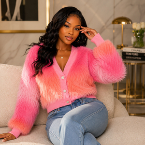 HMR Sisterhood Sorority Pink Faux <b>Fur</b> Cardigan V-Neck Balloon Sleeve Knitted Casual Winter <b>Top</b> Solid Color Thick - Product Image 3