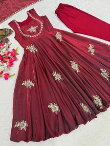 Indian Wholesale Women's <b>Silk</b> Anarkali Suit Premium Deep <b>Red</b> Embroidered Ethnic Gown Designer Pakistani Style Party Sun - Product Image 3