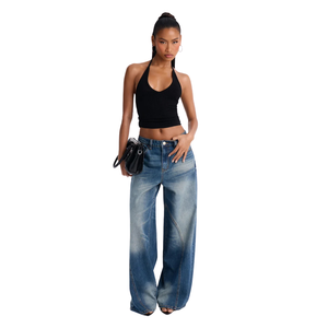 Jean en denim délavé vintage pour femme, coupe mi-large, respirant, décontracté, ample, longueur intégrale, bleu délavé, coupe droite, pantalon tendance - Product Image 1