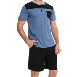 Men's Blue Color Blocking Henley T-Shirt With <b>Black</b> Shorts Casual Summer <b>Pajama</b> <b>Set</b> - Product Image 6