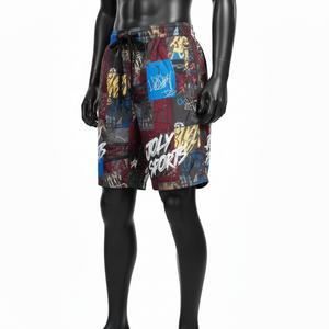 กางเกงขาสั้นผ้าโพลีเอสเตอร์น้ำหนักเบา 120 GSM แบบกันลม พิมพ์ลายกราฟฟิตีหลากสีแบบปะติด พร้อมสกรีนโลโก้ตามสั่งสำหรับผู้ชาย - Product Image 2