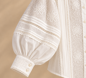 Women's <b>White</b> <b>Lace</b> Blouse With Ruffled Collar Balloon Sleeves Floral Embroidery Prairie Chic Style Loose Fit Full Sleeve - Product Image 2