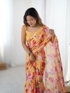 India Pakistan Style Regular Length Regular Fit <b>Orange</b> Chinon <b>Saree</b> with Mirror Work Women Traditional Party Wedding Wear - Product Image 3