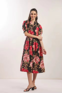 Vestido Midi Floral Negro para Mujer, Tejido Flexible de Algodón Suave y Transpirable con Estampado Vibrante en Toda la Prenda, para Uso Casual de Verano - Product Image 2