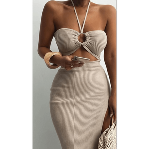 Denim Ribbed Halter Neck Empire Waist Bodycon Club Dress with Structural Hardware - Product Image 1