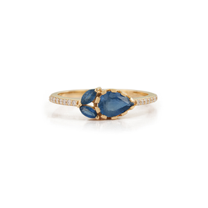 Bague élégante et classique en saphir bleu naturel et diamants, trois pierres, pour un usage quotidien, bijoux empilables, or jaune 14 carats - Product Image 1