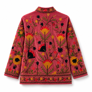 Chaqueta de Mujer Roja de Lujo con Bordado Floral Multicolor Estilo Bohemio Étnico, Abrigo de Diseñador de Boutique, Venta al Por Mayor - Product Image 2