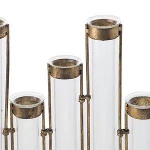 Minimalist Brass Tabletop <b>Vase</b> Set <b>Clear</b> Glass Tubes With Gold Frames Holds Water For Modern Home Decor - Product Image 4