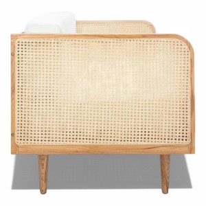 Canapé 3 places en bois de teck naturel de style Mid-Century Modern avec accoudoirs en cannage de rotin tressé à la main et revêtement en tissu blanc minimaliste - Product Image 4