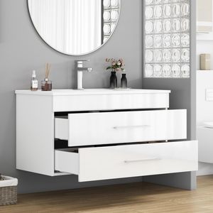 Mobile Bagno Sospeso Bianco Lucido da 36 Pollici con Doppio Cassetto, Sistema Soft-Close, Lavabo in Ceramica e Maniglia Lunga in Metallo - Facile Installazione - Product Image 5