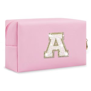 Borsa per il Trucco Personalizzata con Iniziale A-Z in Pelle PU Rosa Glitterata, Graziosa Piccola Custodia per Cosmetici da Viaggio per Ragazze Adolescenti - Product Image 1
