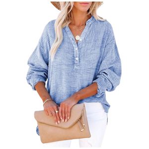Womens Casual Button V Neck Long Sleeve Shirts Oversized Solid Blouses <b>Tops</b> - Product Image 3