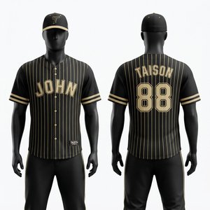 Uniforme de Béisbol para Hombre, Premium, Transpirable, Tela de Poliéster Corta, 120 GSM, Jersey Negro con Rayas Doradas, Logotipo Personalizado en Tela Tackle Twill - Product Image 1