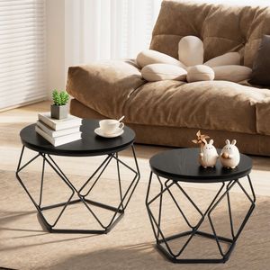 Modern <b>Nesting</b> <b>Coffee</b> <b>Table</b> <b>Set</b> of 2 Small Round Side <b>Tables</b> for Living Room or Bedroom Black Steel and MDF Accent End <b>Tables</b> - Product Image 2