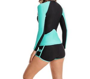 Women's Black and Teal Color Block Long Sleeve Rash Guard with Zipper Front Sport <b>Top</b> for Training Spring Summer Wear - Product Image 6