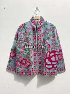 Hand Embroidered Floral <b>Velvet</b> Bomber <b>Jacket</b> Sheep Skin Lined Mandarin Collar Full Sleeve <b>Women's</b> Autumn Winter Spring Outerwear - Product Image 1