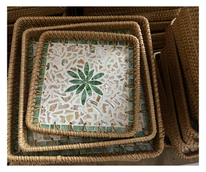 Panier de rangement carré en rotin naturel avec motif mosaïque feuille verte, écologique, empilable, décoration d'intérieur - Product Image 1