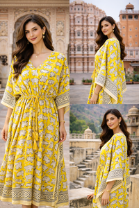 Robe en coton à imprimé éléphant jaune, col en V, longueur cheville, avec ceinture ajustable, tenue décontractée d'été pour femme, robe professionnelle faite à la main - Product Image 3