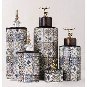 Trending Patterned Metal <b>Ginger</b> <b>Jar</b> Set With Lid Royal Look Fully Handmade Cylinder Shape Storage <b>Jars</b> With Deer & Crystal Tops - Product Image 1