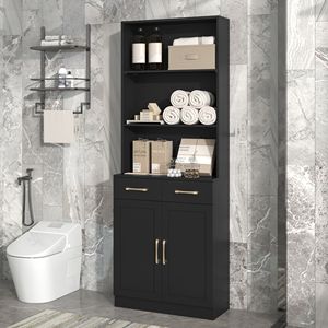 Mobiletto da Bagno con Due Ante e Cassetti, Ripiano Regolabile, Mensola Aperta a Tre Livelli, Arredamento in MDF Resistente - Product Image 1