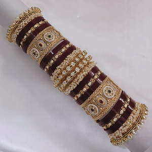 Stylish <b>Gold</b> Plated <b>Bangle</b> <b>Set</b> with Pearl and Pota Stone Design Classic Women's Jewelry - Product Image 1