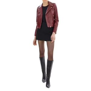 <b>Women's</b> Burgundy <b>Leather</b> Moto <b>Jacket</b> Full Sleeve Zipper Closure Turn-down Collar Short Length Biker Style Outerwear - Product Image 1