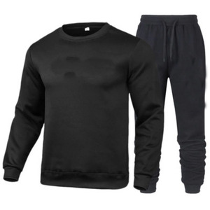 Conjunto Deportivo de Algodón Negro para Hombre, Sudadera de Cuello Redondo y Pantalones con Cordón, Color Sólido, Ropa Casual de Otoño, Corte Regular - Product Image 1