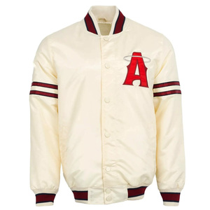 Custom Cream <b>White</b> Satin Varsity <b>Jacket</b> <b>Men</b> Red Contrast Trim Bomber <b>Jacket</b> Wholesale Letterman Baseball Uniform - Product Image 1