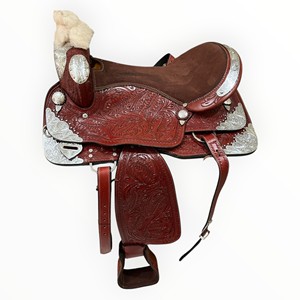 Selle de cheval western en cuir véritable, décorée de motifs floraux, pour l'équitation à la ferme, avec accessoires - Product Image 1