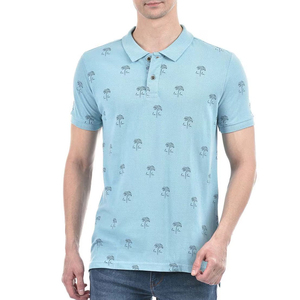 Polo pour homme bleu clair à imprimé palmiers, manches courtes, décontracté, en coton Oxford, coupe classique, respirant, tissage tissé - Product Image 1