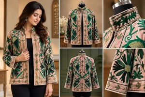 Suzani Pink <b>Velvet</b> Embroidered <b>Jacket</b> for <b>Women</b> Elegant Floral Embroidery Ethnic Winter Layering <b>Jacket</b> Fashion Wholesale Wear - Product Image 2