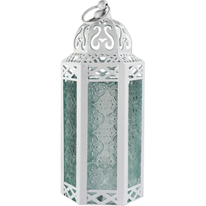 Farol de metal de diseño moderno, forma cilíndrica, corte troquelado, acabado blanco, decoración para el hogar, Ramadán, Eid, farol con forma de luna creciente en la parte superior. - Product Image 4