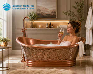 Baignoire ovale autoportante de luxe Daystar Trade, fabriquée à la main, blanche avec intérieur doré, baignoire en cuivre sans couvercle pour adultes - Product Image 1