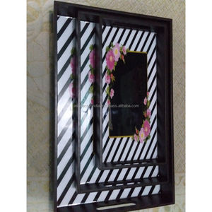 Juego de bandejas de servir de madera de mango hechas a mano, con diseño de mandala azul real en esmalte, bandejas decorativas de madera con asas. |   Decoración del Hogar - Product Image 4