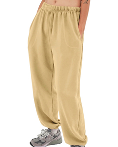 <b>Women's</b> Beige High Waist <b>Harem</b> <b>Pants</b> Loose Fit Casual Trousers Full Length Elastic Waistband with Pockets - Product Image 1