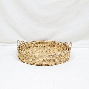 Ensemble de plateaux de rangement ronds en paille tressée, style bohème, organisateurs de table décoratifs réutilisables en fibres végétales - Product Image 3