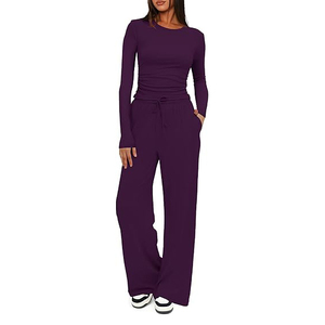 Ensemble haut court moulant à manches longues et pantalon large décontracté de haute qualité pour femme – Idéal pour l'été et la détente - Product Image 1