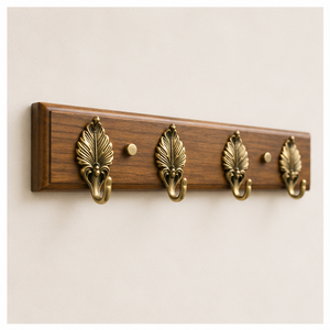 Perchero de pared decorativo de latón antiguo con forma de hoja, organizador multi-gancho con base de madera vintage para abrigos, llaves y toallas, colgador de pared. - Product Image 1