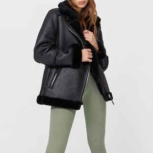 Custom Wholesale Unisex Black Faux <b>Shearling</b> Leather <b>Jacket</b> Winter Warm Motorcycle Aviator Thick Fleece Lined Outerwear Outfits - Product Image 4