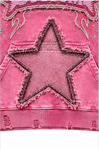 Custom <b>Pink</b> Rhinestone Zip-Up Fleece Unisex Regular Fit Streetwear <b>Hoodie</b> Flame Star Design Glitter Print Front Logo Regular - Product Image 4