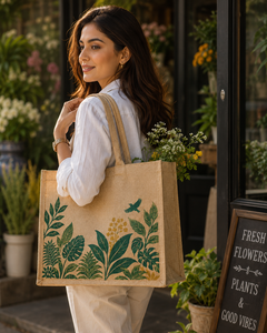 Sac fourre-tout en jute grande taille à motif floral avec poignée d'épaule, idéal pour la plage, les mariages, les expositions et les courses - Product Image 1