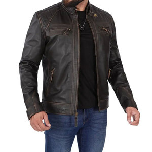 Blouson de motard unisexe en cuir véritable matelassé avec fermeture éclair, coupe-vent et imperméable, col montant, logo frontal, idéal pour l'automne - Product Image 4