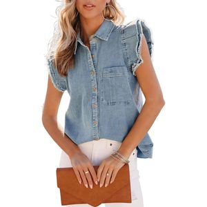 Femmes décontracté en détresse boutonné manches à volants chemisier été sans manches Denim haut avec col Jean chemise Design - Product Image 3