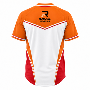 Maillot de baseball pour homme RONAL SPORTS à manches courtes, orange, blanc, rouge, avec blocs de couleur, boutons sur le devant, vêtements respirants - Product Image 2