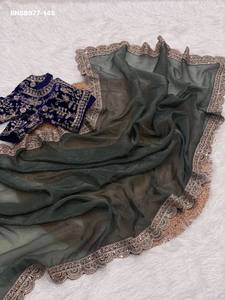 ชุดส่าหรี-เสื้อปาร์ตี้สไตล์อินเดียแบบดั้งเดิม สีทองเงา ประดับด้วยงานปัก งานเชือก และงานเลื่อม พร้อมเสื้อคลุม  จำหน่ายโดยผู้ผลิตชาวอินเดีย - Product Image 2