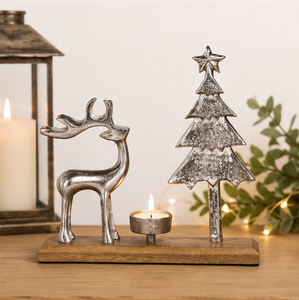 Silver Metal Christmas Reindeer And Pine <b>Tree</b> Tealight Candle Holder With Natural Wooden Base Modern <b>Tabletop</b> Holiday Decoration - Product Image 4