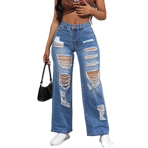 Fournisseurs de jeans : Fabrication sur mesure de pantalons pour femmes, jeans en denim taille haute, jeans déchirés, respirants, à séchage rapide, jeans tendance pour femmes - Product Image 4