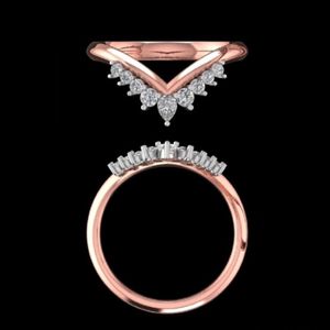 Anillo de boda de oro rosa con diamantes en forma de V, anillo de tiara curvado con detalles de perlas y diamantes redondos, apilable, joyería nupcial para mujer - Product Image 3