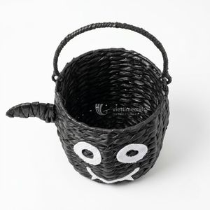 Woven Bat Halloween Trick-or-Treat Candy Basket, <b>Black</b> Water Hyacinth Bucket with Handle & <b>Wing</b> Accent for Spooky Holiday - Product Image 3