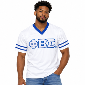 Camiseta de Cuello en V para Hombre, Color Blanco y Azul Rey, con Gráfico de Letras Griegas, Manga Corta, Estilo Casual para Fraternidad Phi Beta Sigma - Product Image 1